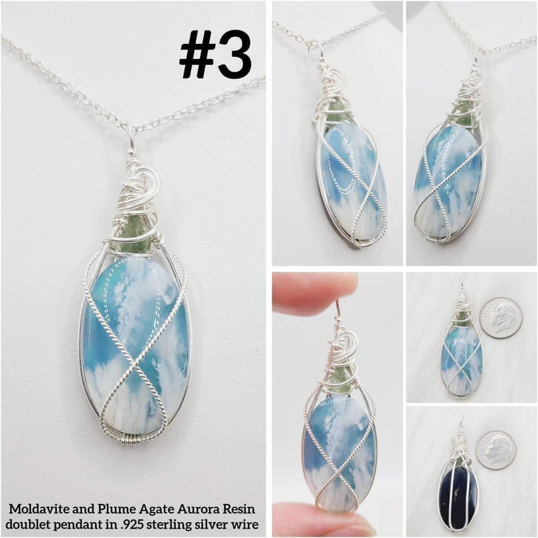 Moldavite and Plume Agate Doublet .925 sterling silver wire