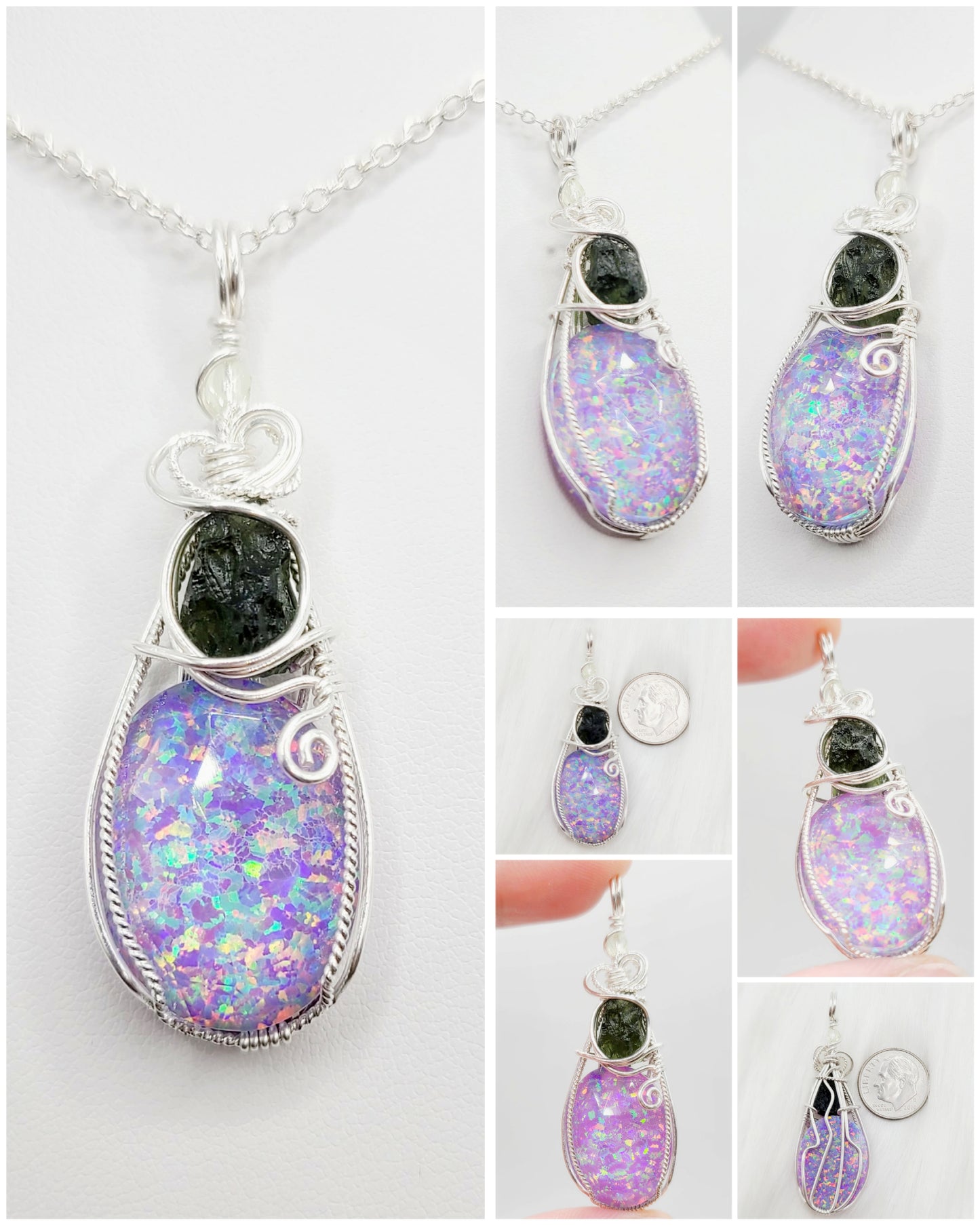 Moldavite and Aurora Opal (synthetic) in .925 sterling silver wire
