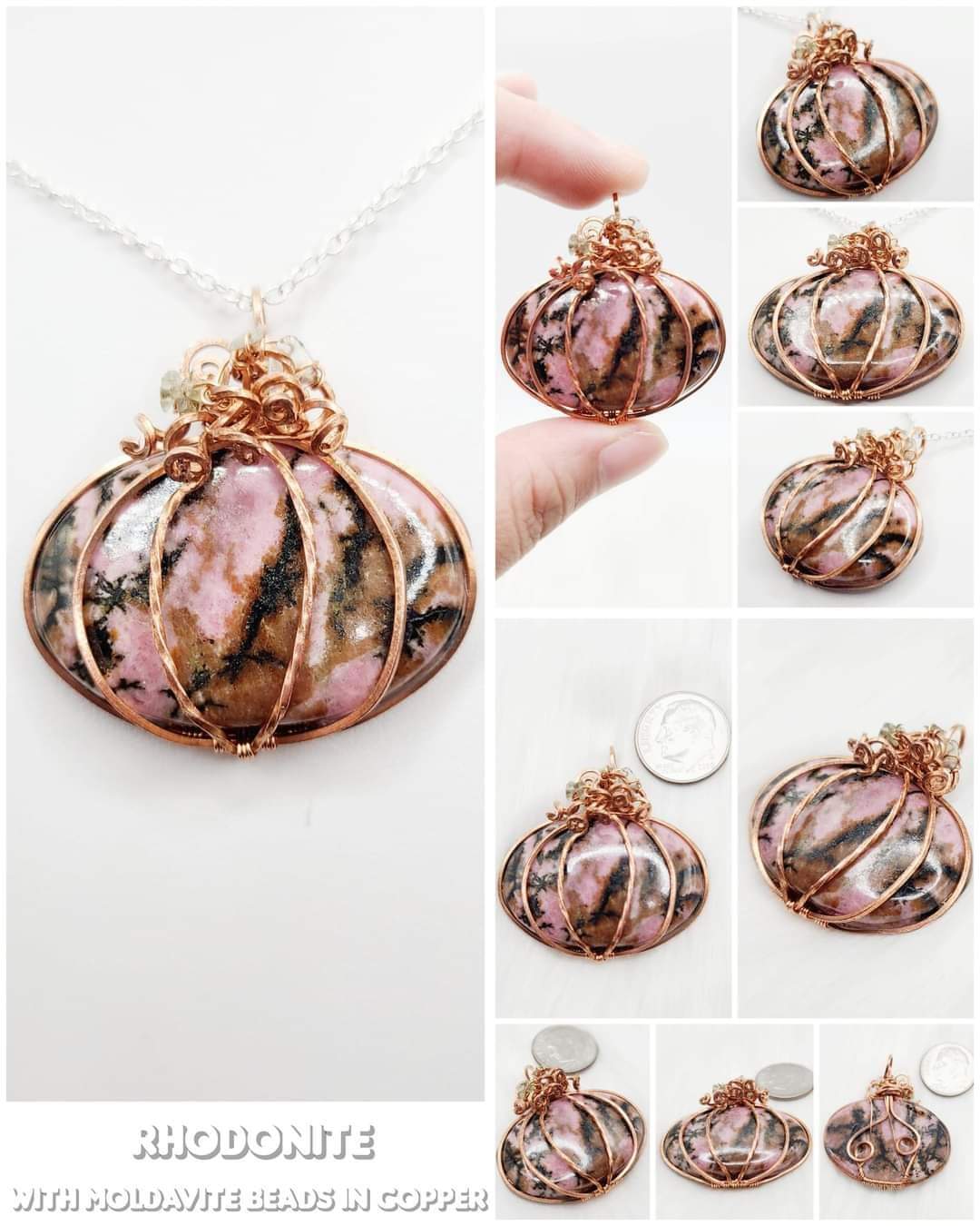 Rhodochrosite Pumpkin with Moldavite in copper